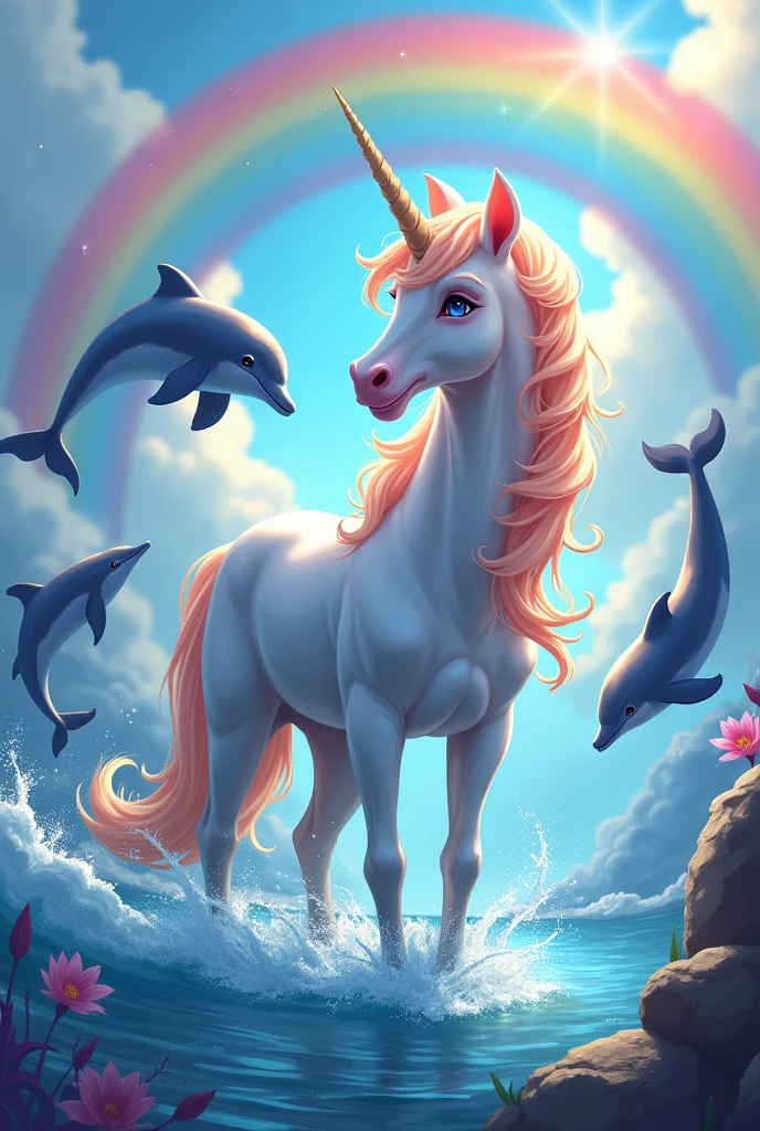 Cute unicorn with rainbow and dolphins with bright colors