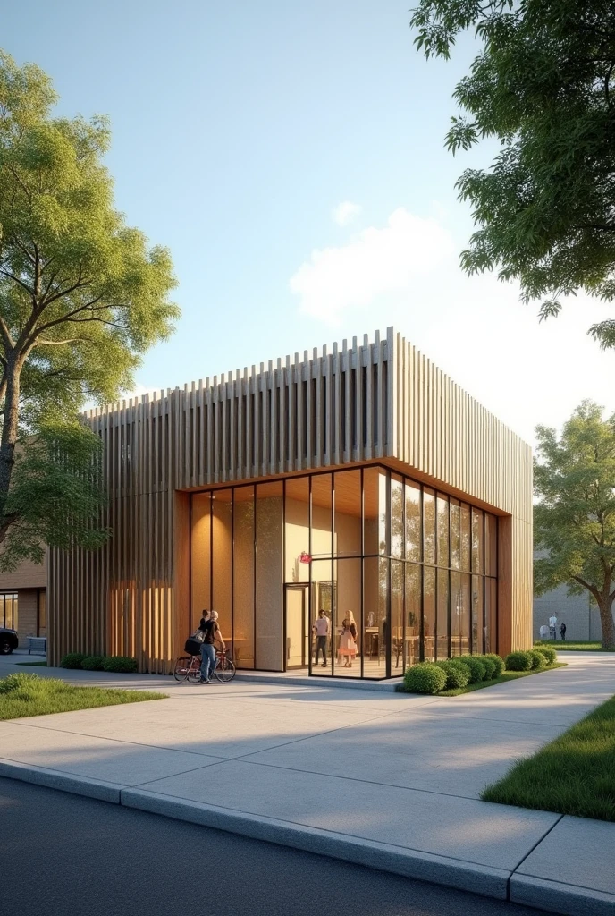 Create an image of the facade of a reception center for pregnant women. The building is located on a corner lot with flat topography and has a parking lot on one side. The main facade of the building must face a tree-lined square with a reflecting pool.
Facade Features:
• The building must have a modern and welcoming design, be single-story and contain sun shades on the glass windows to allow natural light to enter and offer a view of the surrounding green space.
• Includes innovative and organic elements that convey a feeling of tranquility and comfort.
• Use materials such as light wood and metal details to create an elegant and contemporary facade.
• Add a prominent side main entrance with a marquee, and a visible, inviting reception area.
• The tree-lined square integrated into the facade must have trees, shaded areas, benches and paths.
• The reflecting pool must be close to the facade, reflecting the image of the building and creating a serene environment.
• Side parking must be in a side entrance on the right, be discreet but functional, with easy access and smooth integration into the surrounding landscaping.
Develop the image with attention to detail to capture the harmony between the building and its external environment.