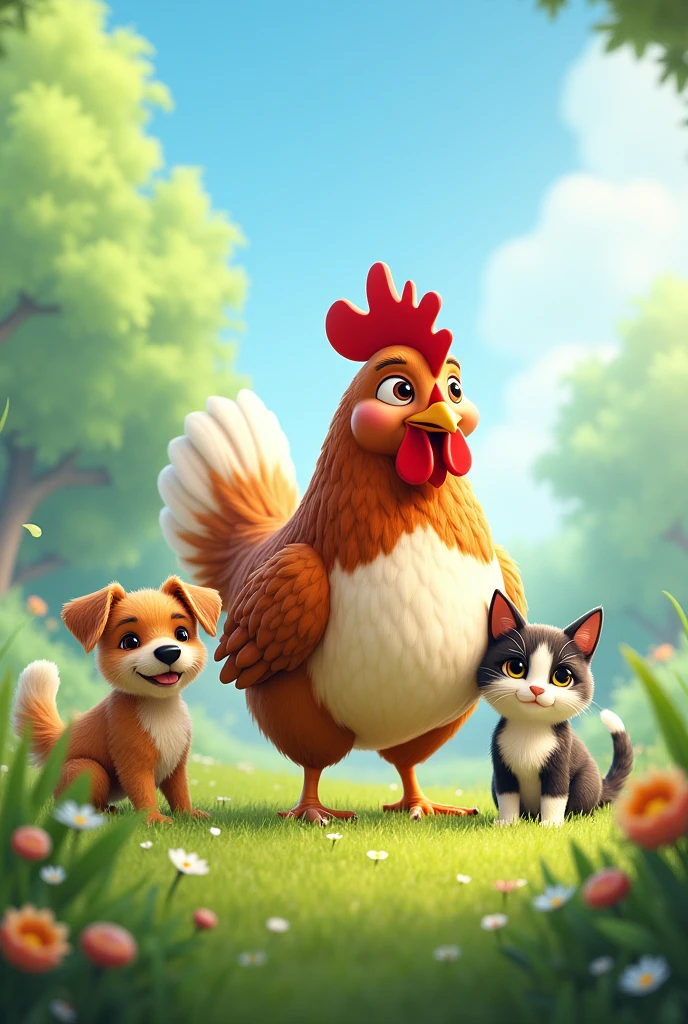 Hen with dog and cat in the grass 