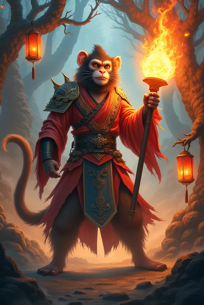 A Chinese monkey warrior holding a flaming staff, with traditional Chinese armor and flowing robes. The scene is set in a mystical forest with glowing lanterns and ancient trees. The monkey's expression is fierce, with fiery eyes, and the flames from the staff illuminate the surroundings with a warm, magical glow. The style should reflect a blend of traditional Chinese art and modern fantasy elements, with vibrant colors and dynamic lighting.
