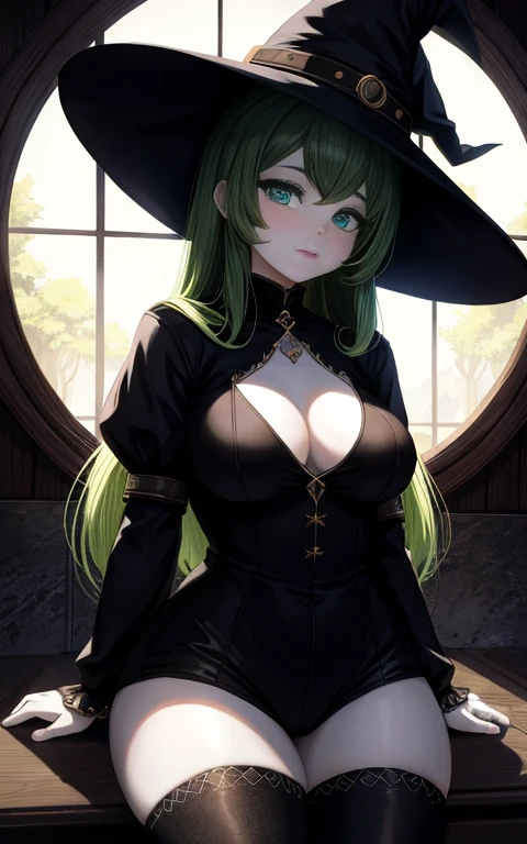 a white goat girl,witch,black long socks,lucky short tight black,woman,big butt,big thighs,small breasts,green hair and eyes,ultra-detail,detailed face and eyes,beautiul detailed eyes,beautiful detailed lips,extremely detailed eyes and face,long eyelashes,dramatic lighting,cinematic,fantasy art,vibrant colors,chiaroscuro