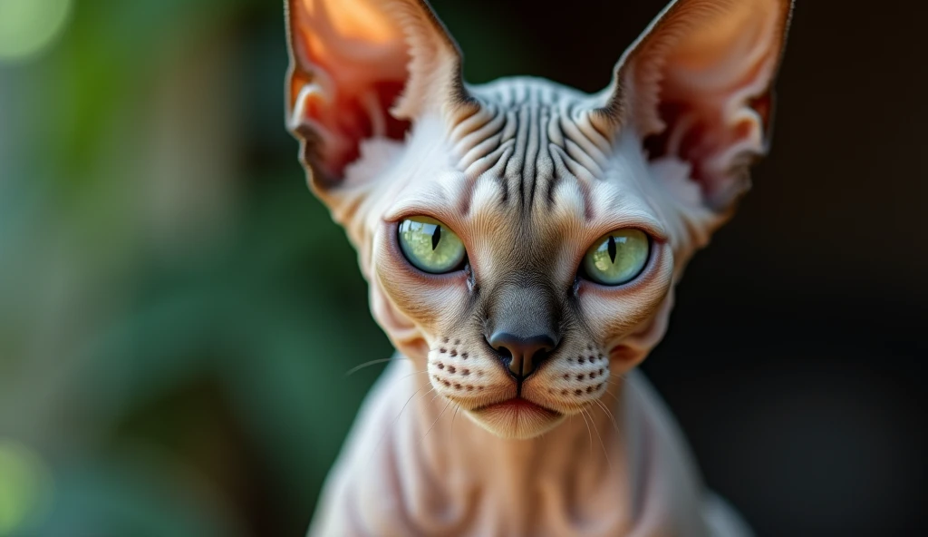 A close-up, ultra-realistic portrait of a Sphynx cat with striking green eyes, wrinkled skin, and prominent cheekbones. The cat is looking directly at the camera with a serious and intense expression. The background is softly blurred to highlight the cat’s unique features, emphasizing the texture of its skin and the detail in its eyes. Natural lighting is used to accentuate the shadows and contours of its face, photorealista, 8K, (melhor qualidade,4K,8K,alta resolução.