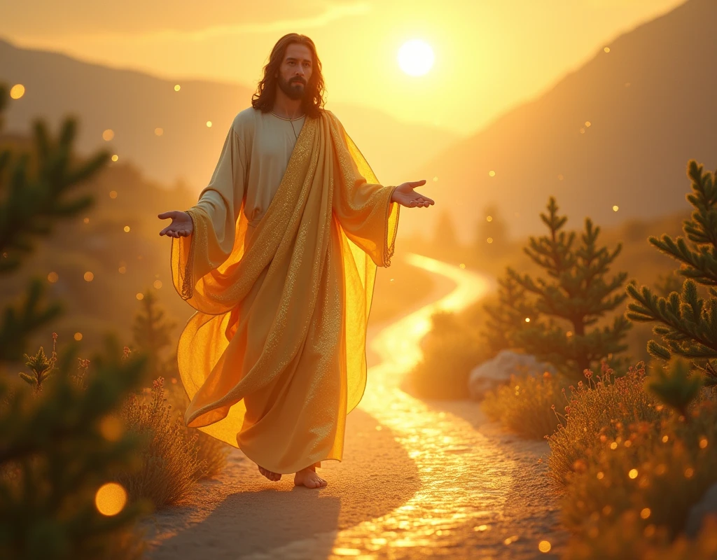 Jesus in GOLDEN clothes, cloth of gold, shiny, radiates light, Jesus facing the left side of the road, camino spiritual, made of light, On a winding road, small trees, around, spiritual. Remote camera. look of Love, Compassion, forgiveness, the sun in the background.