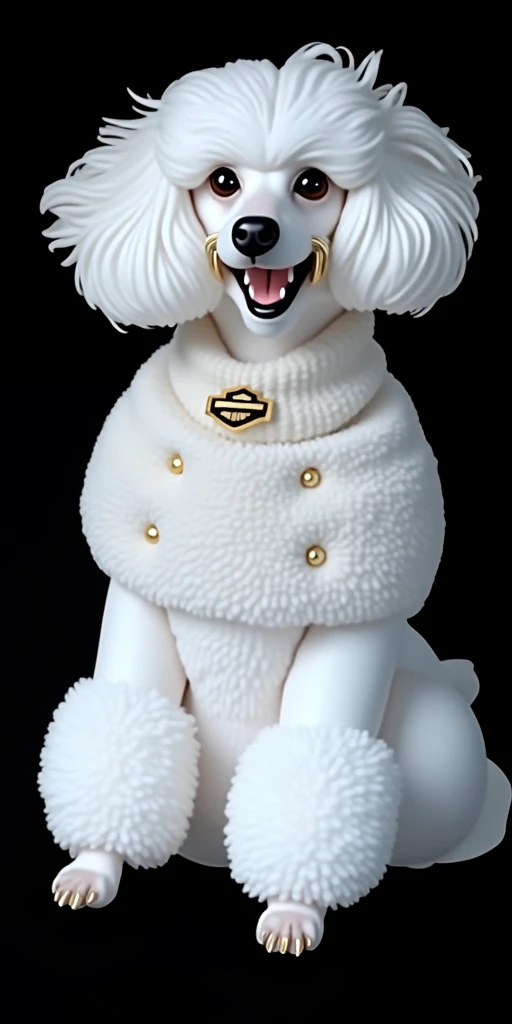 Perfect Center, Cute Toy Poodle, Wearing a student team jacket,riding a harley davidson, Wear sunglasses, Use headphones, Cheerfulness, Standing posture, Abstract Beauty, Centered, Looking into the camera, In front of the camera, Near perfect, dynamic, Very detailed, Sophisticated, Sharp focus, 8k, High resolution, figure, Arte de Carne Griffith and Vadim Kashin, White Background