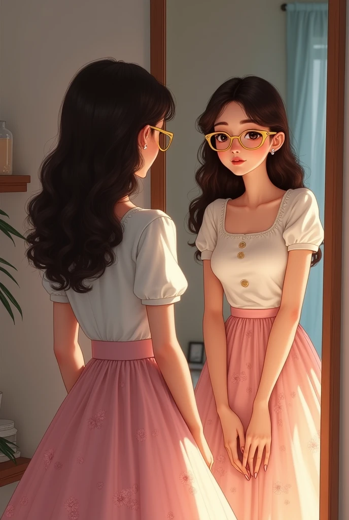  A brown-eyed girl, with dark brown hair, very long and curly, con cat eye glasses color dorado, wearing a long white top with thick straps along with a very long pink skirt with a print of small, lighter pink flowers and looking at herself in a long mirror in her room 