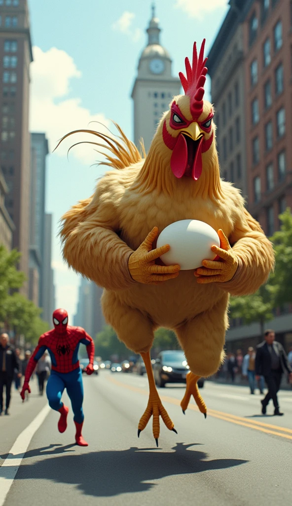 ChatGPT said:
ChatGPT
It looks like you've uploaded an image. The scene shows a humorous and exaggerated situation with a large chicken chasing a person dressed as Spider-Man. The person seems to be holding an egg, running away frantically in what appears to be a city street. The image has a playful and cartoonish style.