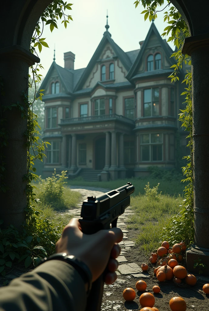 outside an abandoned mansion, first person perspective with a pistol, garden with vineyards on the floor you will find a fruit banquet in the garden