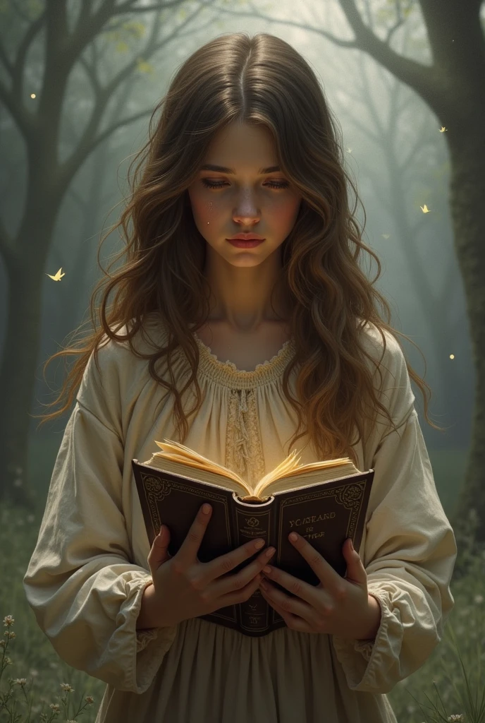 A brown haired girl with a bible (Holy Bible) in hand, being tempted by the world with a tear on her face 