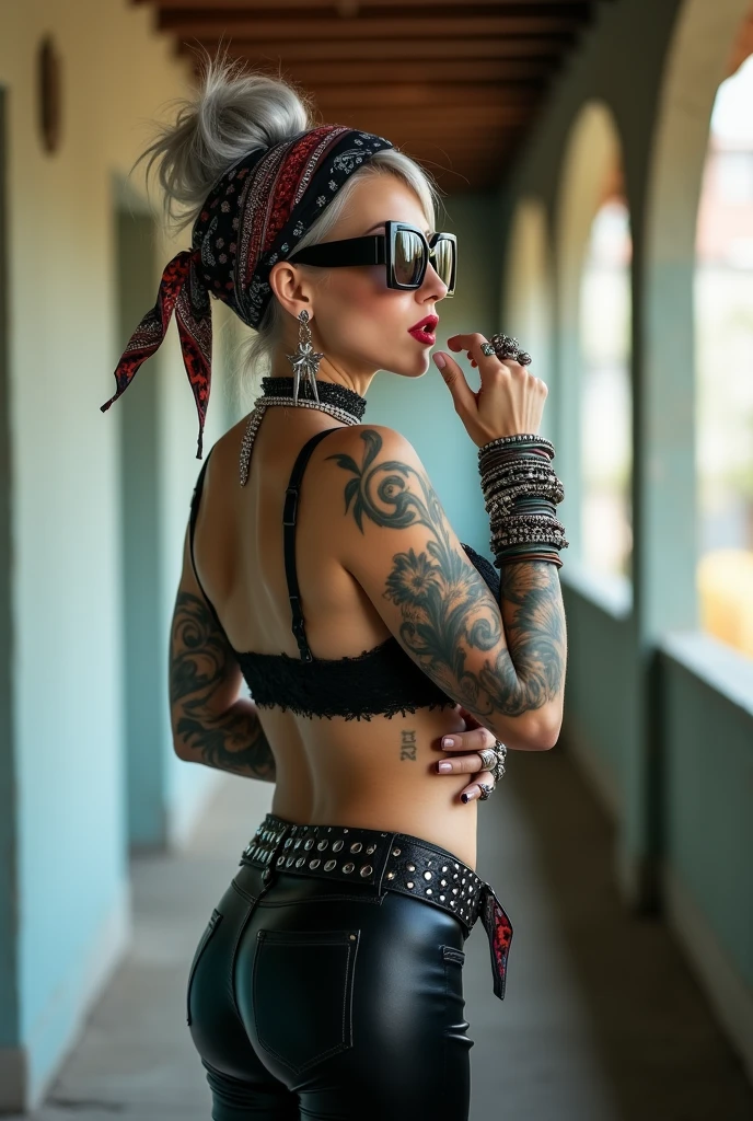 russian milf woman, grey hair (bouffant, top bun) and oversized square sunglasses and wide colourful bandana as headband, with very light green eyes, extremely pale. Big lips. Black lace push up bra, silicone breast,, skintight shiny black leggings. Flip flops. Lots of thick wide studded bracelets, chain collars and big rings,. Two loose studded belts,. Long earrings with chains and feathers. Standing with legs apart, one hand hands on her hip, the other, sucking her thumb, stretching her neck and looking up in surprise, craving., Neck, chest, stomach and wrists heavily tattoed. Toned abdominals, thin neck, slim legs and thin arms. Narrow hips. At a long narrow corridor with natural light. Seen from behind, we see her back