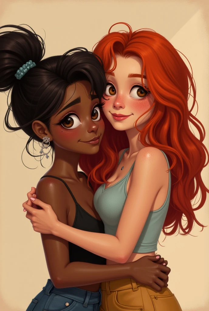 two super close friends, One is dark-skinned, has several piercings, is slightly chubby, and has dark red hair., The second friend is white, has moles on her face, is very slightly chubby, has honey-colored eyes and is a redhead..