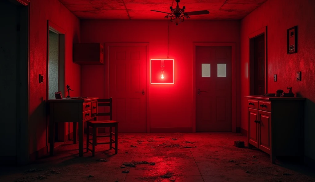 a red alarm inside a room of an old house being triggered