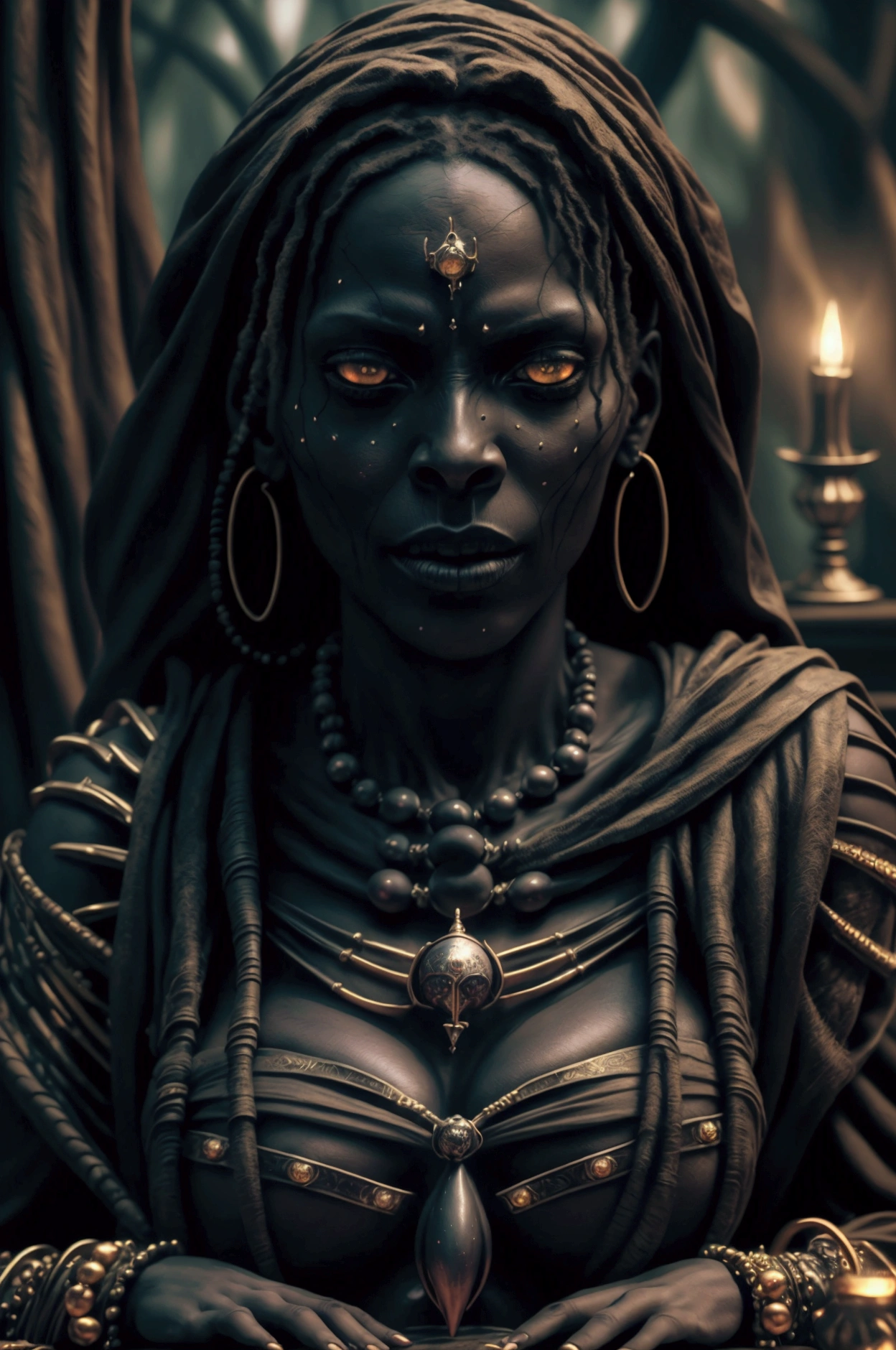 a voodoo african witch, golden eyes, macabre atmosphere, casting a spell,  full body, macabre atmosphere, (best quality,8k,highres,masterpiece:1.2),ultra-detailed,(realistic,photorealistic,photo-realistic:1.37),HDR,UHD,studio lighting,ultra-fine painting,sharp focus,physically-based rendering,extreme detail description,professional,vivid colors,bokeh,dark fantasy,occult,mystical,cinematic lighting,dramatic shadows,moody,ominous