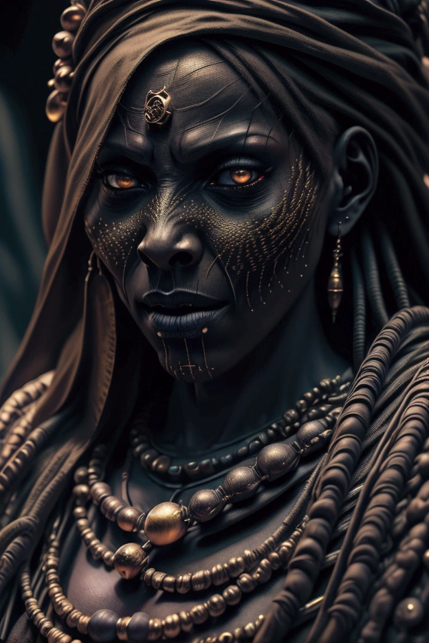 a voodoo african witch, golden eyes, macabre atmosphere, casting a spell, full body, macabre atmosphere, (best quality,8k,highres,masterpiece:1.2),ultra-detailed,(realistic,photorealistic,photo-realistic:1.37),HDR,UHD,studio lighting,ultra-fine painting,sharp focus,physically-based rendering,extreme detail description,professional,vivid colors,bokeh,dark fantasy,occult,mystical,cinematic lighting,dramatic shadows,moody,ominous