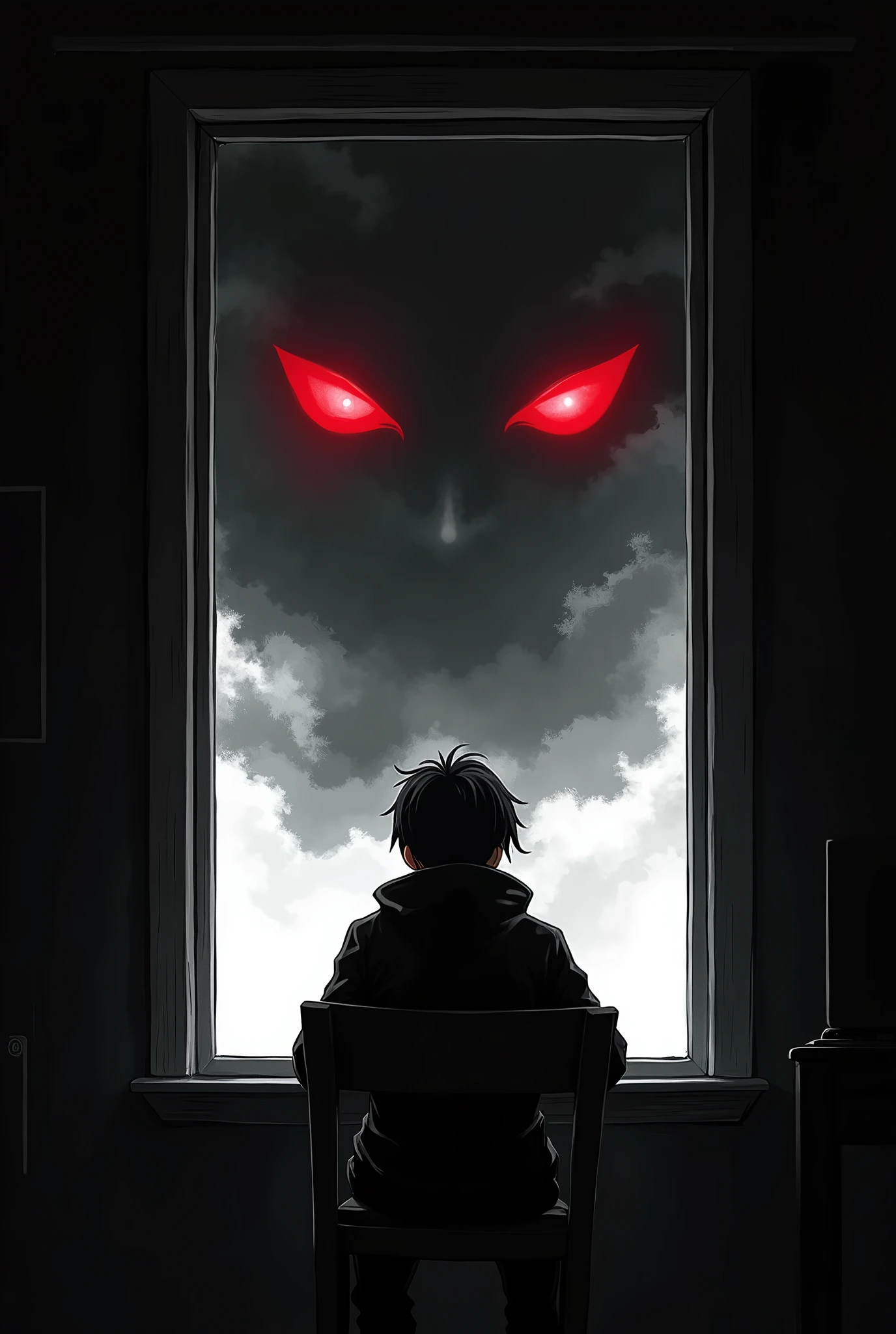horizontal dark anime-style black and white image of a character sitting on a chair in his own room watching a heavy anxiety storm that have two scary red eyes from the window