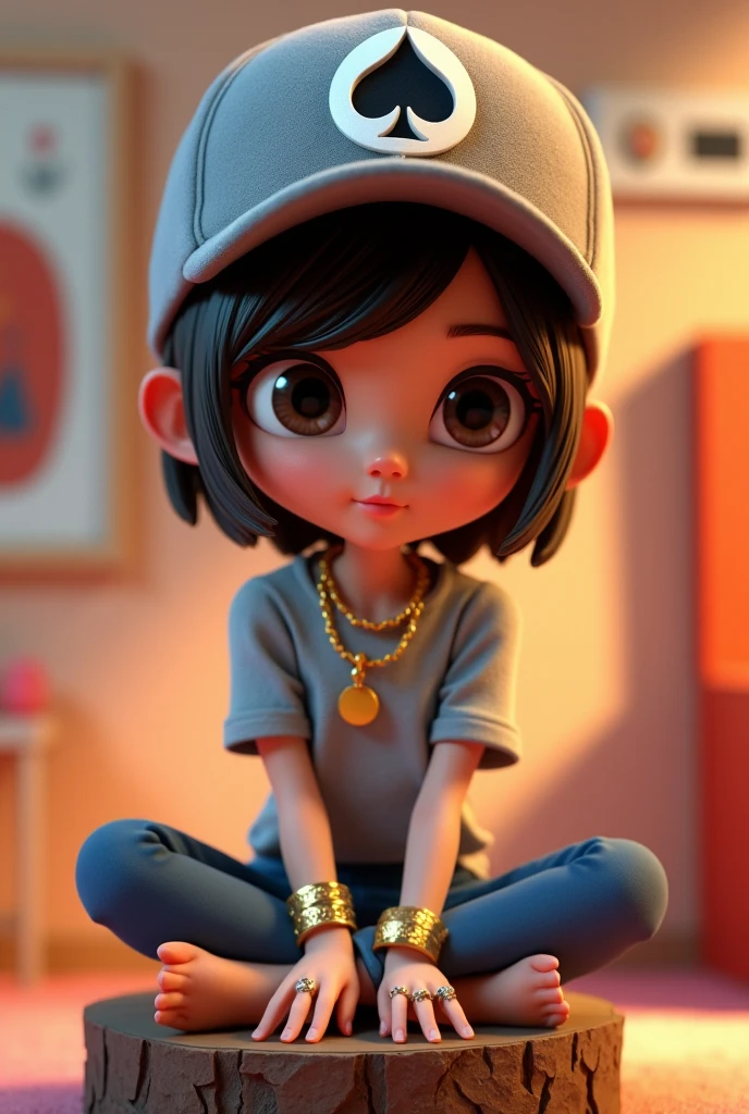 3d pixar type drawing skinny short hair dark brunette ager ,gray cap with a spade suit design,with gold chain type cord rings on finger gold watch looking at the floor Nike chelena sitting on the instagram log . And on the background of the wall profile of the social network Instagram written the name Aleh.style maladrao

