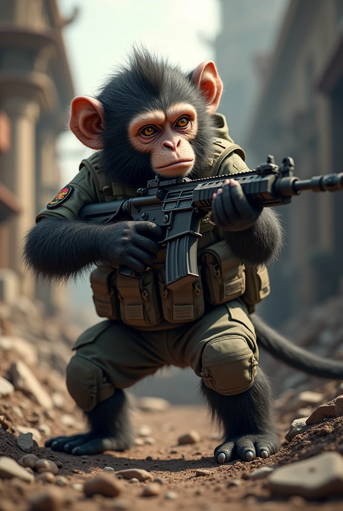 Monkey playing airsoft with hear and looking cool, inspirational