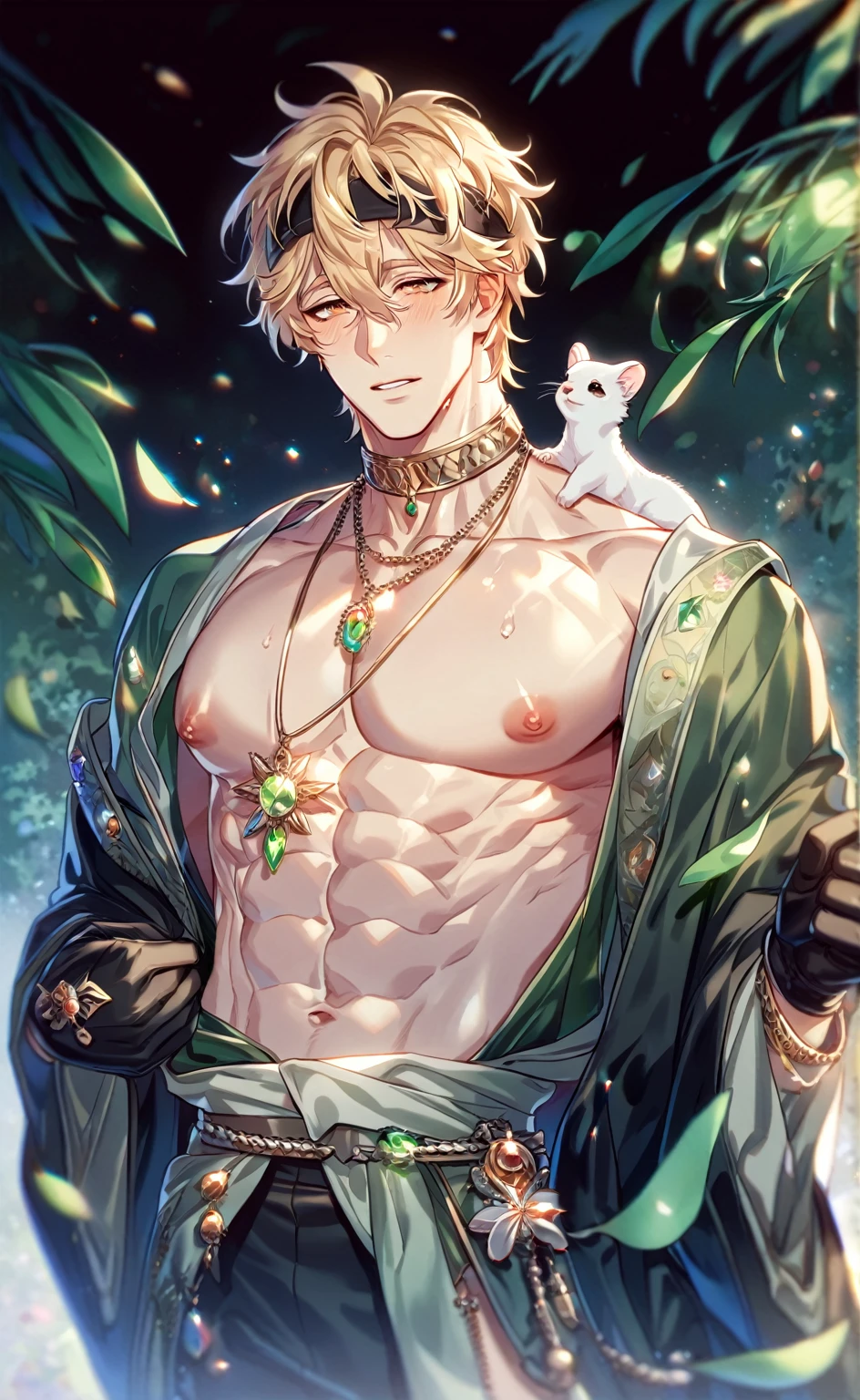 absurdres, highres, ultra detailed, HDR, master piece, best quality, extremely detailed, detailed eyes, Quincy, blonde hair, messy hair, hair between the eyes, expressive orange eyes, Nu Carnival, solo, sexy man, manly man, horny, lewd, handsome, fantasy, undressing, black haori, light-green kimono, black choker, feathers, accessories, black gloves, fingerless gloves, elbow gloves, black bow headband, spring, green trees, flowers, green leaves, magical forest, dark fantasy, blue sky, white cute small ferret on his shoulder