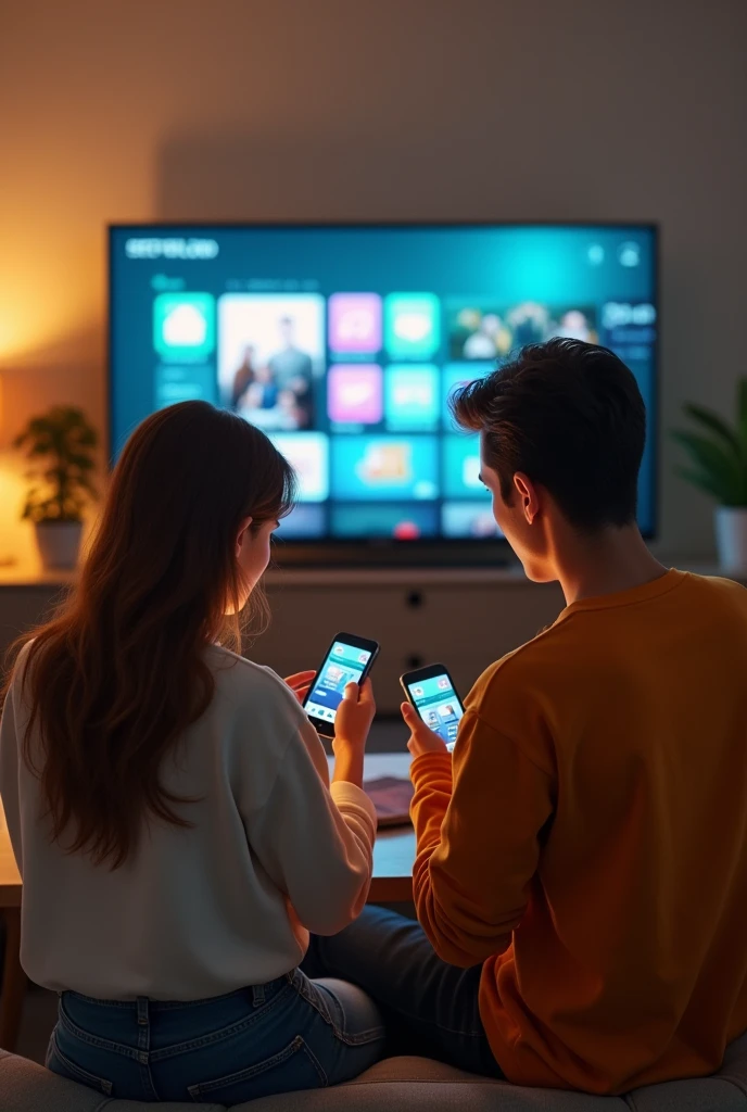 Two couples, now in contemporary attire, each using a smartphone with the TV displaying a streaming service.
