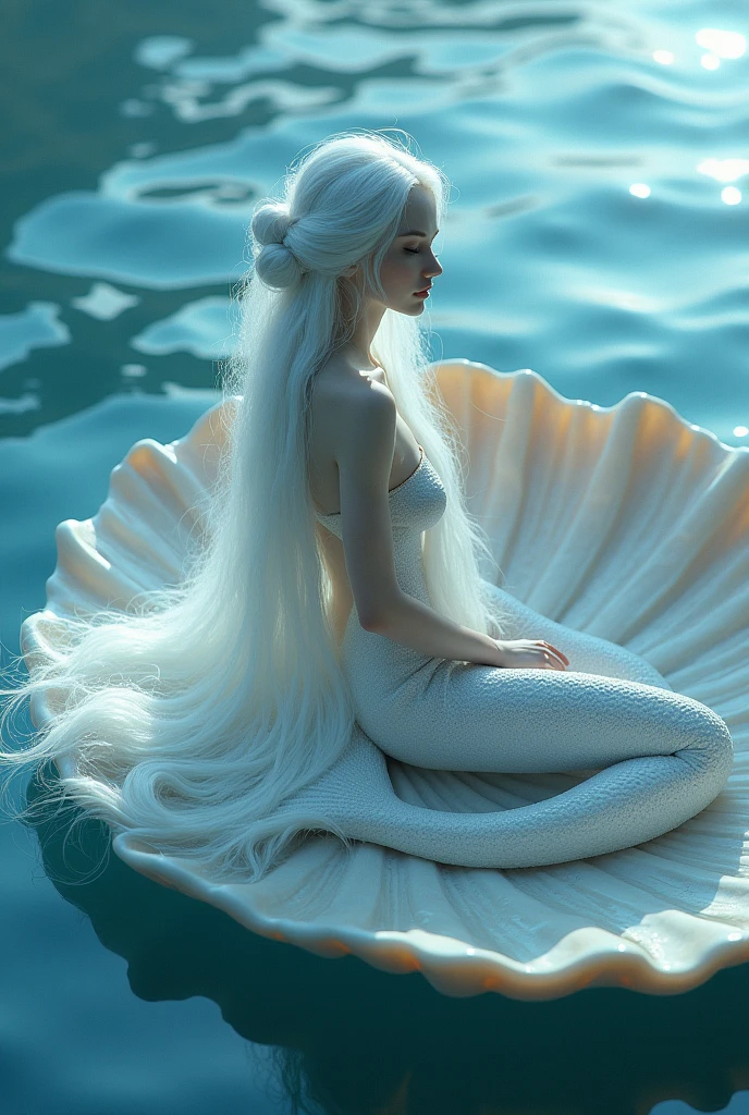 A mermaid in white hair with a bun, sitting on a big clam, and that it be in blue tones 
