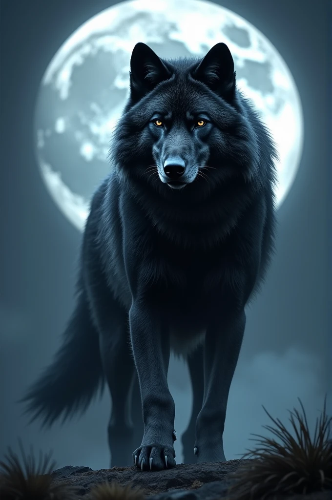 Image of a beautiful wild wolf with lots of shiny black fur , mighty, dominant, gazing eyes, under the silver light of the moon looking forward, top quality picture 