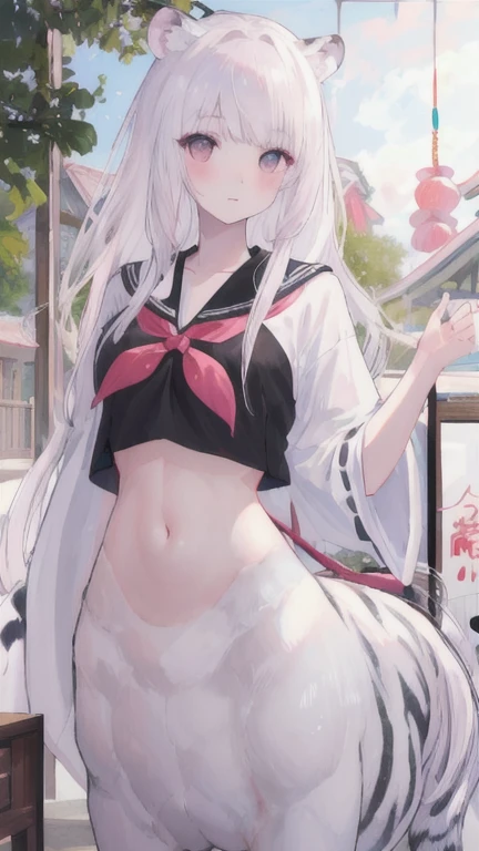 (best quality, masterpiece), 1 girl, centaur, I beg, White skin, Japanese schoolgirl,daughter,black pink, exposing the abdomen, belly button t-shirt , beautiful girl perfect, White tiger photo, Perfect sexy picture