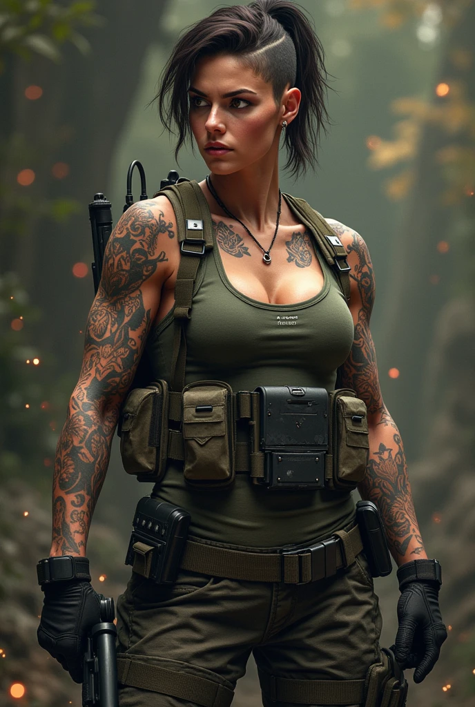 special forces、Tattoo、short hair、Camouflage、Muscular、woman、Gaze, Sparkle Effect, Decorative art, 