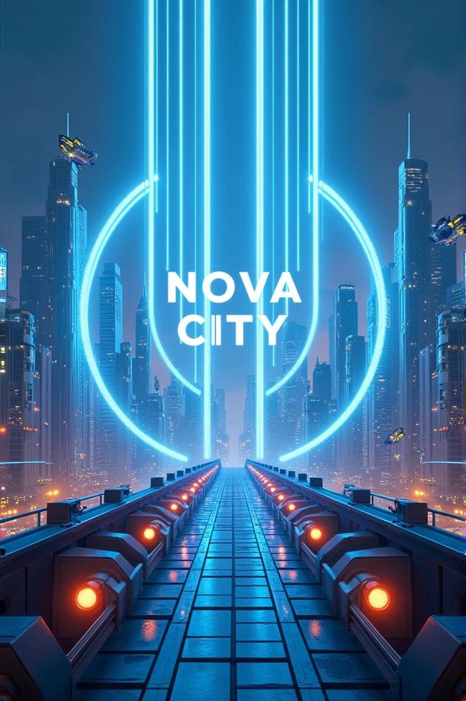 Make me an image with the name Nova City in the middle and some blue rays behind it