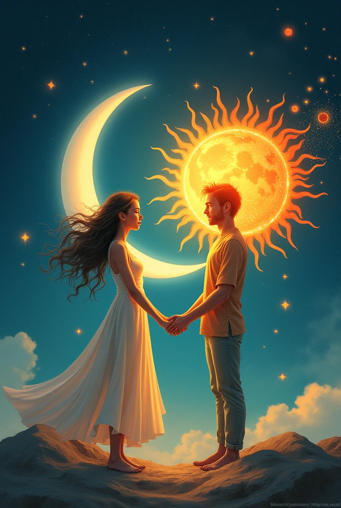 The moon and the sun holding hands.