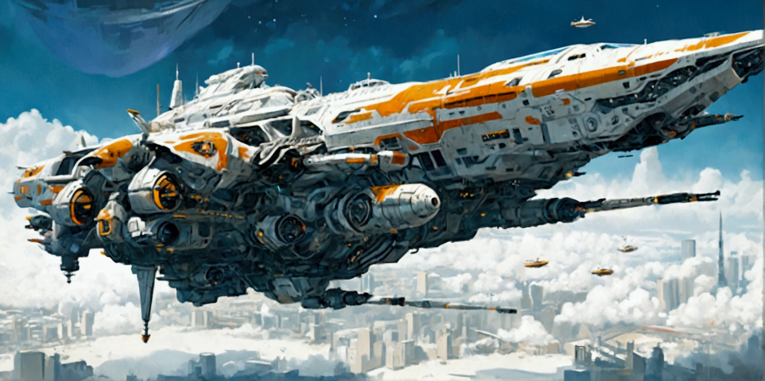 (best quality,ultra-detailed,realistic:1.37), A long wide giant heavily armored divine futuristic flying all terrain biomechanical space battleship covered in rainbow batik pattern and glowing javanese runic symbols, multiple retractable cybernetic legs with wheels on the tip, divine halo, flying hovercraft, flying submarine, flying aircraft carrier, flying hotel, flying resort, flying city, flying skyscraper, flying cruise ship, flying yacht, flying castle, flying military base, multiple thrusters, multiple helipad, multiple propeller, mobile headquarters, mobile command center, automatic turrets, missile banks, missile defense system, multi-port rear engine arrays, large pivoted missile pods, anti-air batteries, reactive armour over vital spaces, VTOL thrusters, ventral ground-facing VTOL thruster bays, retractable center cannon, super carrier, sky carrier, space station, floating city, floating castle, white background