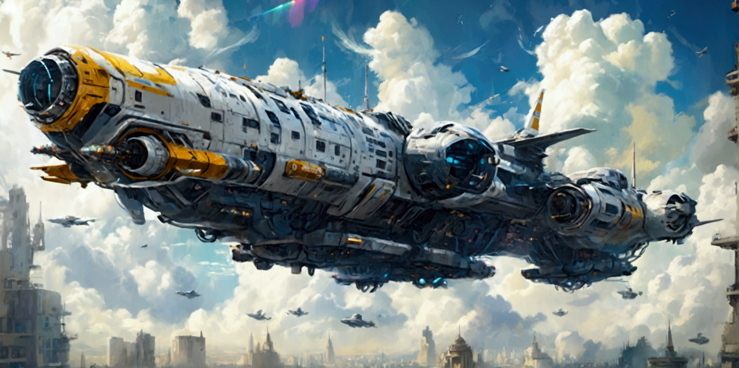 (best quality,ultra-detailed,realistic:1.37), A long wide giant heavily armored divine futuristic flying all terrain biomechanical space battleship covered in rainbow batik pattern and glowing javanese runic symbols, multiple retractable cybernetic legs with wheels on the tip, divine halo, flying hovercraft, flying submarine, flying aircraft carrier, flying hotel, flying resort, flying city, flying skyscraper, flying cruise ship, flying yacht, flying castle, flying military base, multiple thrusters, multiple helipad, multiple propeller, mobile headquarters, mobile command center, automatic turrets, missile banks, missile defense system, multi-port rear engine arrays, large pivoted missile pods, anti-air batteries, reactive armour over vital spaces, VTOL thrusters, ventral ground-facing VTOL thruster bays, retractable center cannon, super carrier, sky carrier, space station, floating city, floating castle, white background