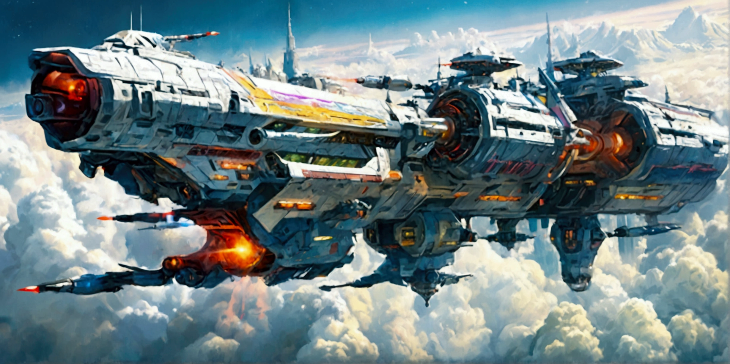 (best quality,ultra-detailed,realistic:1.37), A long wide giant heavily armored divine futuristic flying all terrain biomechanical space battleship covered in rainbow batik pattern and glowing javanese runic symbols, multiple retractable cybernetic legs with wheels on the tip, divine halo, flying hovercraft, flying submarine, flying aircraft carrier, flying hotel, flying resort, flying city, flying skyscraper, flying cruise ship, flying yacht, flying castle, flying military base, multiple thrusters, multiple helipad, multiple propeller, mobile headquarters, mobile command center, automatic turrets, missile banks, missile defense system, multi-port rear engine arrays, large pivoted missile pods, anti-air batteries, reactive armour over vital spaces, VTOL thrusters, ventral ground-facing VTOL thruster bays, retractable center cannon, super carrier, sky carrier, space station, floating city, floating castle, white background