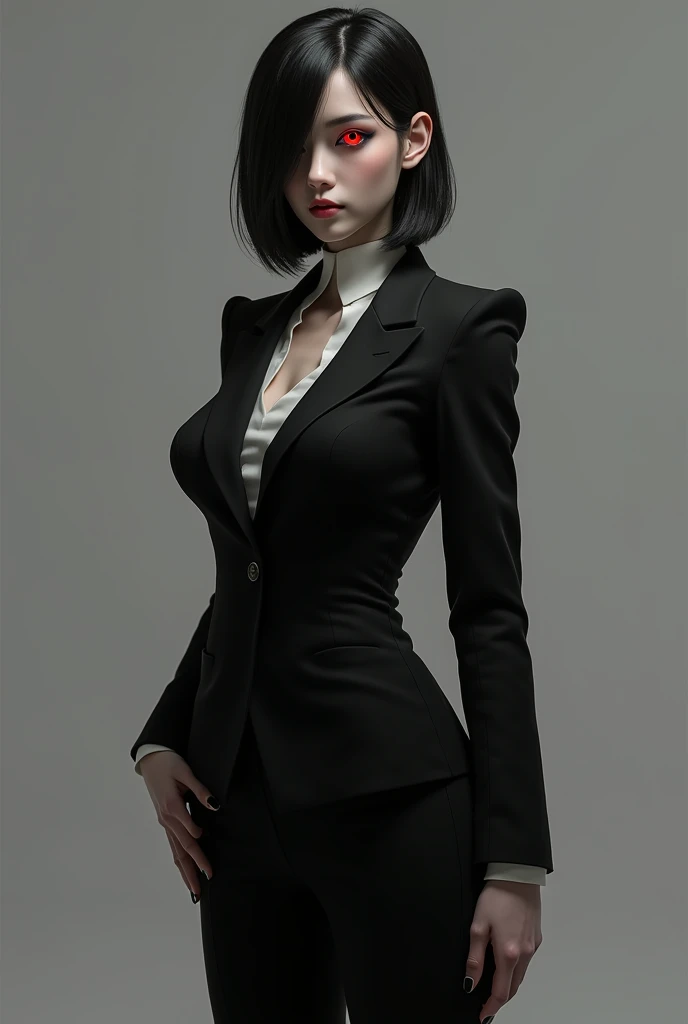 Make a character with a red left eye and a black pupil, dressed in a black suit
