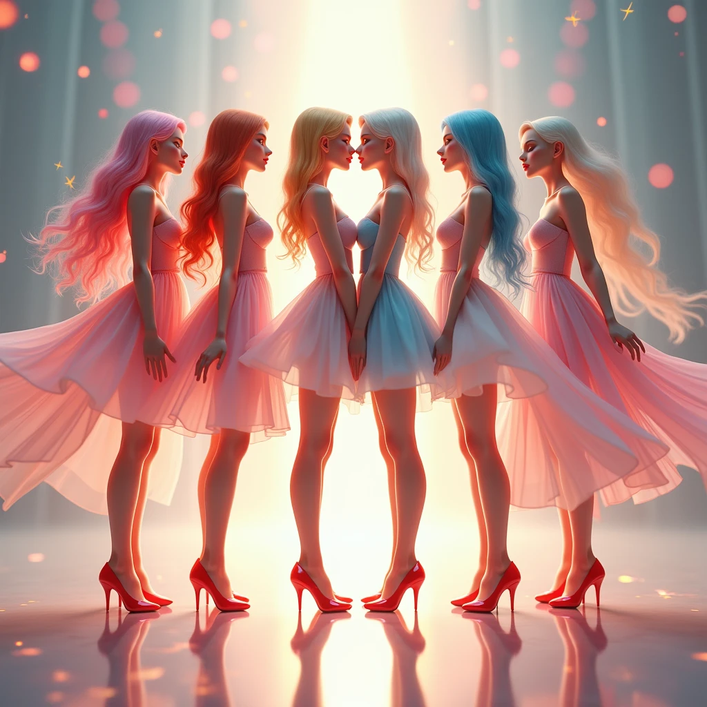 (Graceful Full Body of Extremely Detailed((Sexy Princesses Group in a row:1.37))), KAWAII perfect face with Reflective Eyes, Detailed(Delicate Clothing textures), Correct Graceful Legs, Dynamic Joyful Expressions LifeLike Rendering, Specular Reflection of mirrored floor, (TopQuality 8K Ultra-detailed masterpiece (ProfessionalPhoto:1.37))(((Raw, Realistic))), (Acutance:0.8), (Luminism:1.28), Renaissance art style, Portraits, Colorful Light particles, (Full body from side) {Kissing Face to Face|Cute Peach AssFocus|(NakedApron with (Overflowing Sideboob))}, Radiant Fine Skin with Transparency, (Exposed:0.64) {Pink Hair|LightBlue Hair|Blonde|Pure White Hair|Liquid Hair|Red Shoes}, Perfect Lighting