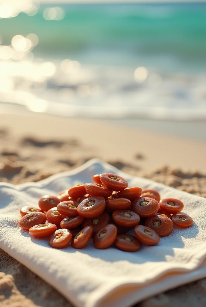 (photorealism:1.2), small pile of Saint Lucia eyes on the beach towel