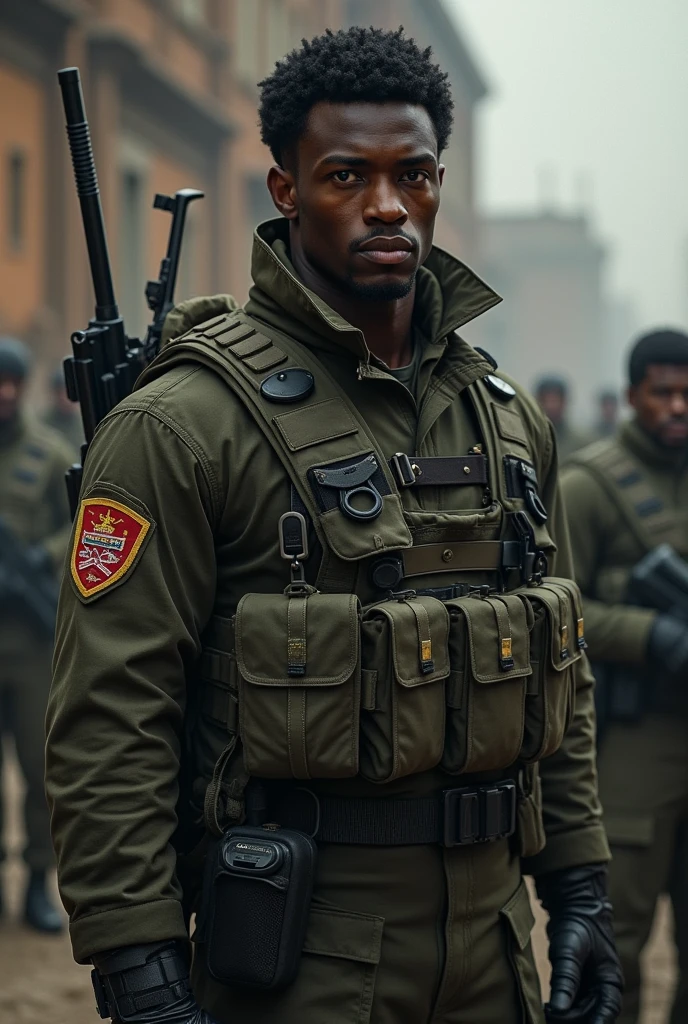A soldier man, black skin, Bblack hair, eyes browns, facing.