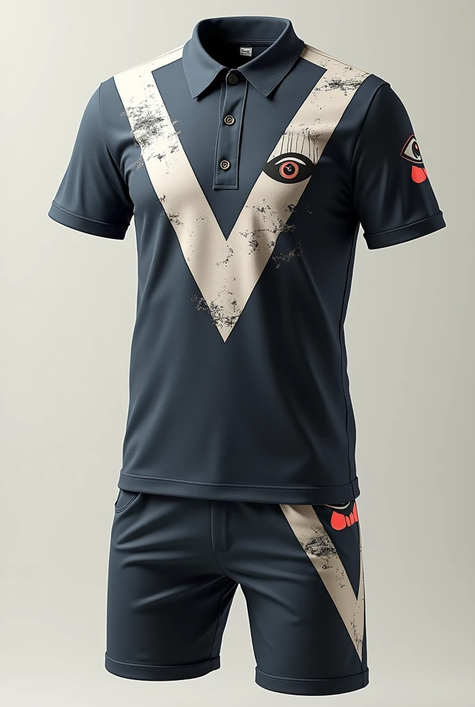 Round neck polo shirt and shorts design with a triangle and an eye in the center, that it is a unique and urban model that can be seen in 3D