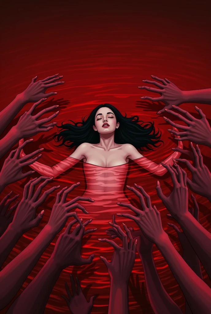 Draw an androgynous humanoid being lying in a red sea with several hands grabbing him inside the sea.. Dark cartoon anime style drawings