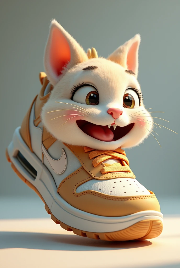 a sneaker, with human features, as in characters in animations, i.e.. a sneaker com um olhar apaixonado. The sneakers have to have an enchanted expression, glad to see something, the eyes and the expression fully animated