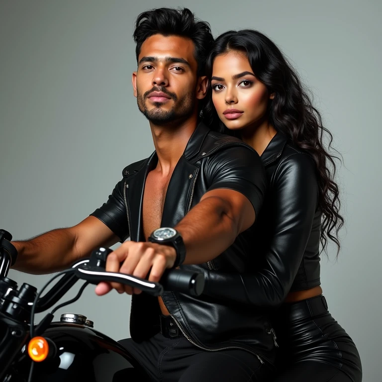 realistic photo of a handsome man carrin in his moto a (pretty girl, 20 years old, brunette, black eyes) wearing a stunning bikini at fashion photo studio, (full lips) , ((perfect face)), [[mild smile]], proportionate body,mixed herritage, beautyfull, beautyfull face, tanned skin, two arms, two legs, five fingers by hand, full body, (curly black long hair), handsome man and brunette girl at moto, the man is driving and the girl is a back seat, street. leather biker outfit, man with jacket and jeans, girl with top and leather pants. Full body, side photo.
