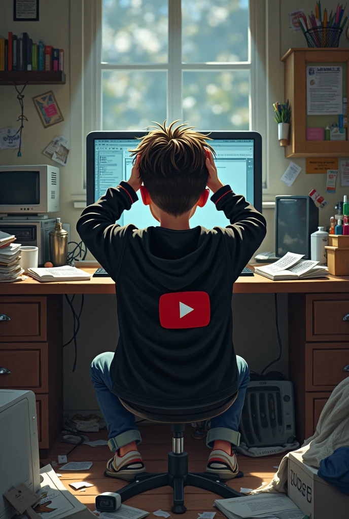 Create a realistic illustration of a boy  , with a black jacket with youtube written on it sitting in front of the computer with his hands on his head in a messy room
