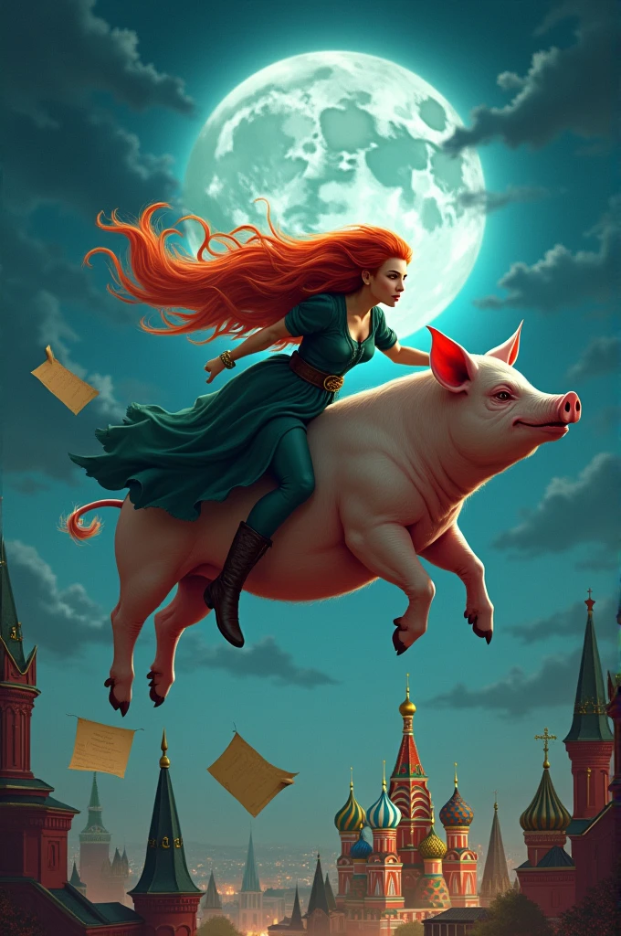 Generate an image where a red-haired witch is riding a flying pig at night with a full moon in the city of Moscow with papers on the pig's feet