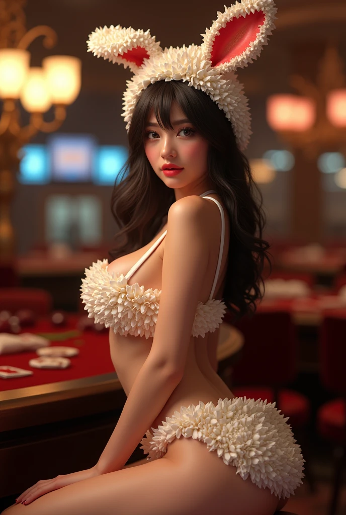 (Half-length portrait: 1.7), (Anatomically accurate body structure), (Premium quality, 4k, 8K, High resolution, masterpiece: 1.2), Ultra detailed, (Realistic, Photorealistic: 1.37), (Bunny girl and legs spread : 1.7), shot from above, Close up on her, Beautifully detailed bikini made of whipped cream: 1.5, Her body is decorated with lots of cut fruit and whipped cream, She hides all her hair with a hat with bunny ears, Beautifully detailed thighs , Exquisitely detailed crotch, Beautifully detailed buttocks, detailed eyes, detailed face, splendid, Elegant, stunning, photography, Casino background