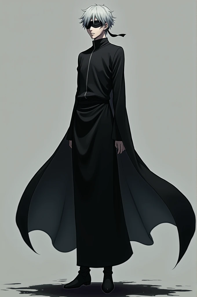 Gojo from jujutsu kaisen anime.black dress and black blind fold on his eyes,grey hair