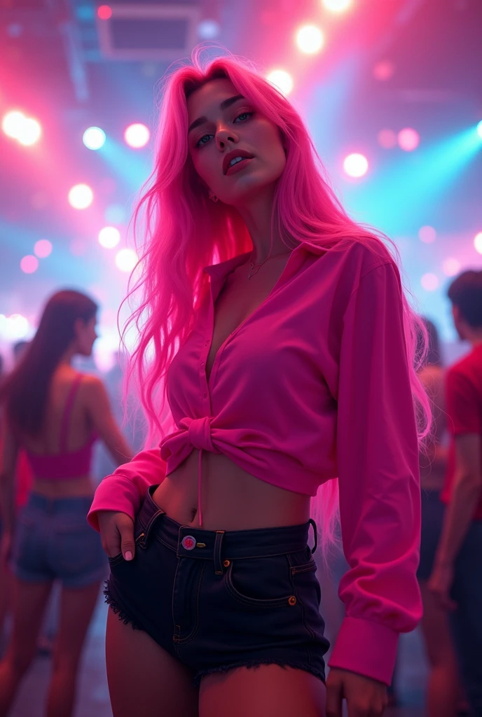 A woman wearing a pink shirt and black shorts ,rambut panjang warna pink,club background