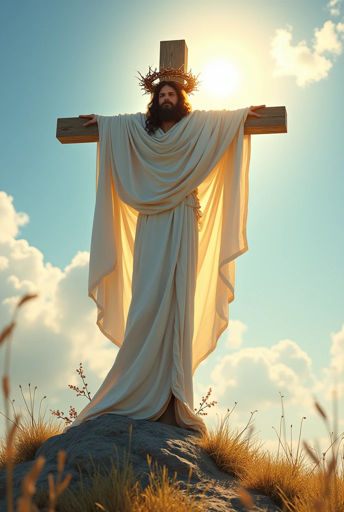 A cross with a crown of thorns by day with a white cloak