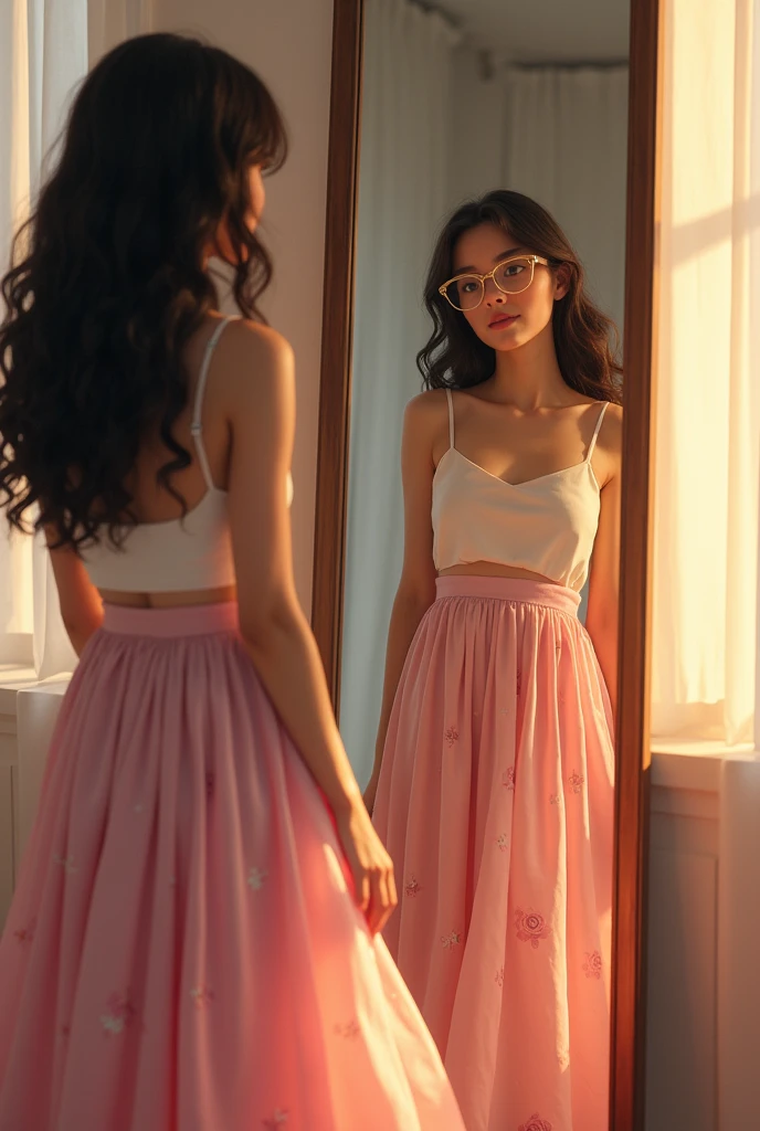 A brown-eyed girl, with dark brown hair, very long and curly, con cat eye glasses color dorado, wearing a long white top with thick straps along with a very long pink skirt with a print of small, lighter pink flowers and looking at herself in a long mirror in her room (Let it be with realism)