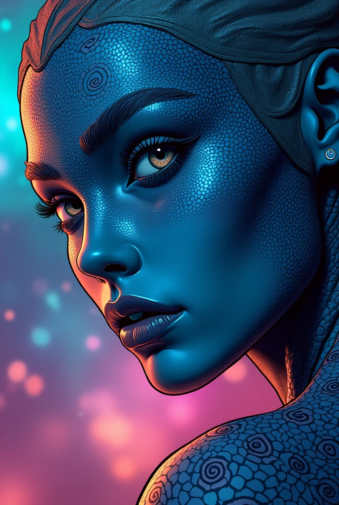 a close-up of a beautiful lizard skinned female comic being with spiral patterns on her blue face with a colorful rainbow nebula in the background