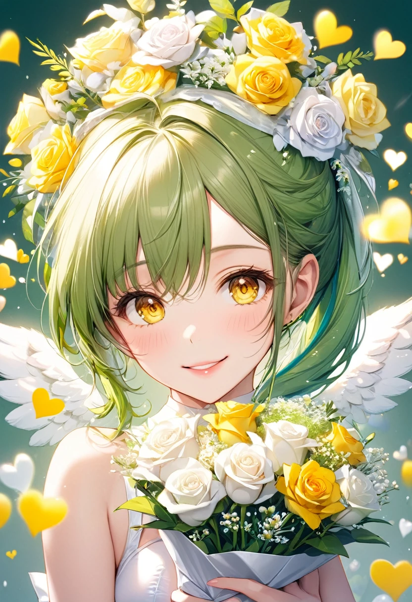 (perfect natural beauty style) (double exposure all season beauty), (pov, focus face, close up face, solo:2 15yo) (detailed ponytail) (immensely beautiful green hair long hair), (best cute girl) (immensely lovely yellow eyes) (??????? smile) (glossy lip) (medium:1.2 tits), in a best cute white angel leotard with double exposure:1.2 love hearts, break, hand holding a beautiful detailed big bouquet of white rose, break, ((background font is "Thanks")), BREAK, perfect ???????, masterpiece, best quality, 16k, beautiful detailed thanks, daydreaming expression.