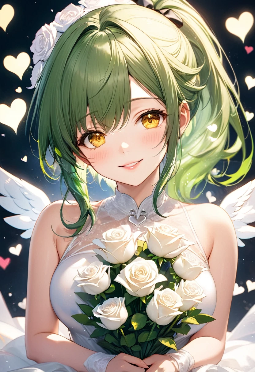 (perfect natural beauty style) (double exposure all season beauty), (pov, focus face, close up face, solo:2 15yo) (detailed ponytail) (immensely beautiful green hair long hair), (best cute girl) (immensely lovely yellow eyes) (ecstasy smile) (glossy lip) (medium:1.2 tits), in a best cute white angel leotard with double exposure:1.2 love hearts, break, hand holding a beautiful detailed big bouquet of white rose, break, ((background font is "Thanks")), BREAK, perfect anatomy, masterpiece, best quality, 16k, beautiful detailed thanks, daydreaming expression.