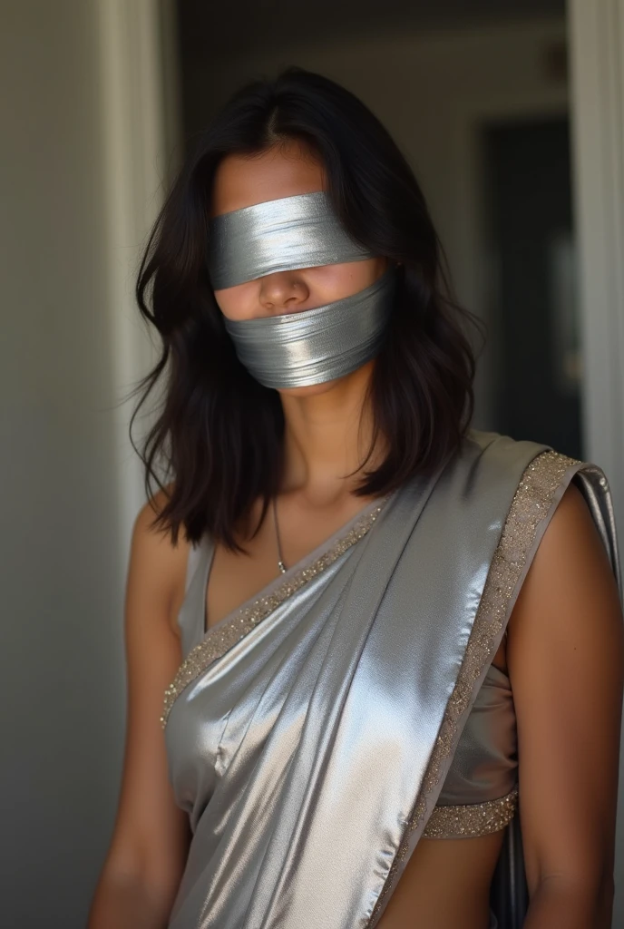 Aesthetic Indian Girl blindfolded Duct tape gagged in sexy silver shimmering prom saree Taking selfie